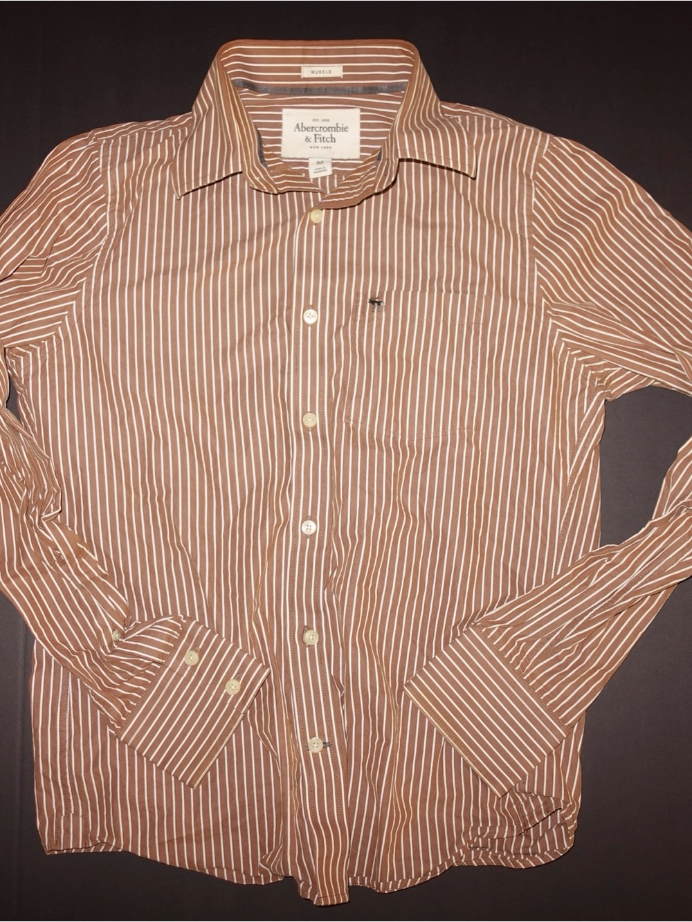 Abercrombie & Fitch Men's Brown and White Striped Dress Shirt